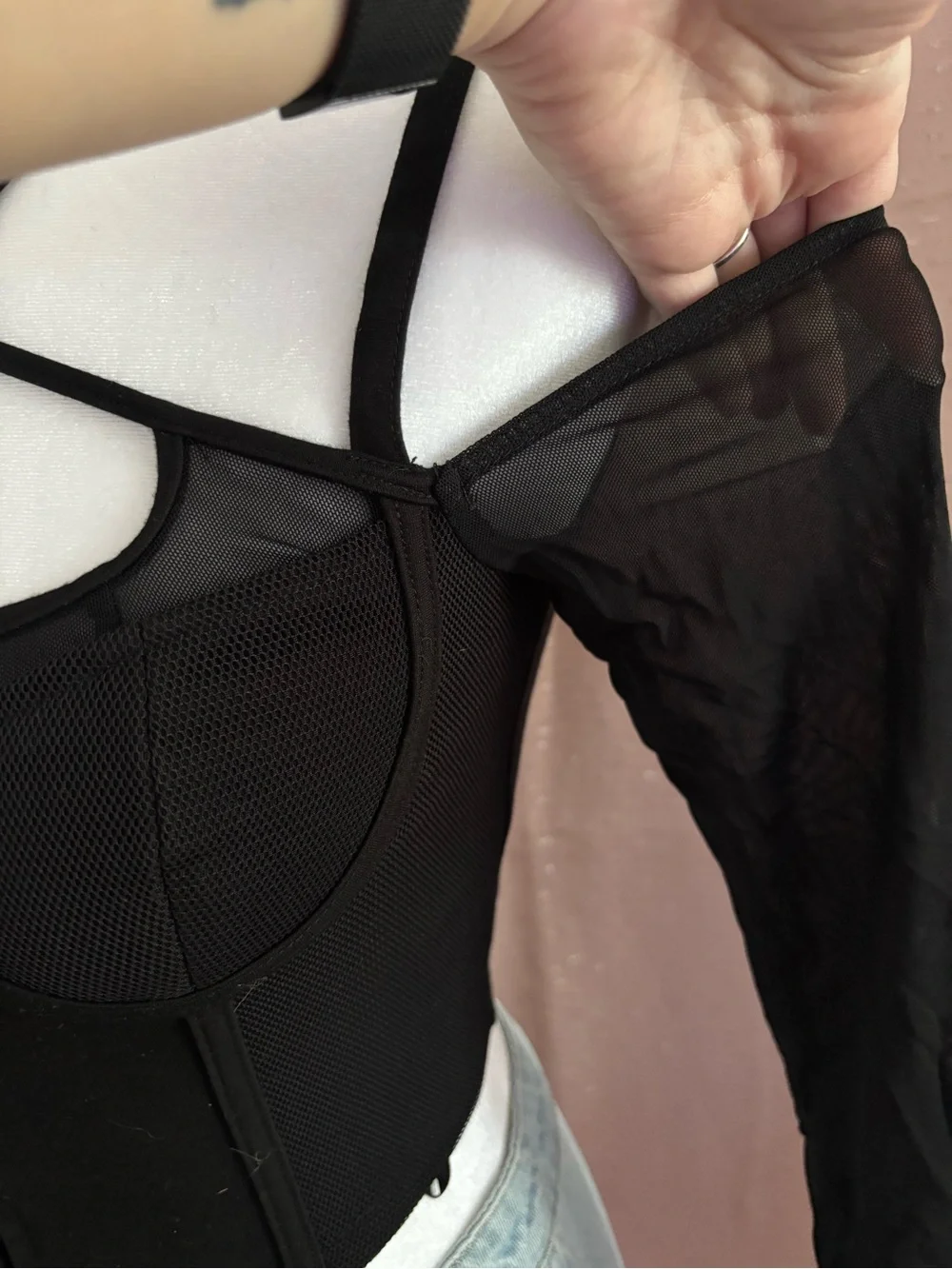 Black Strappy Corset Top with Mesh Sleeves